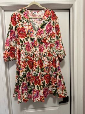 Leota White Floral Tiered Dress with Red and Pink Blooms